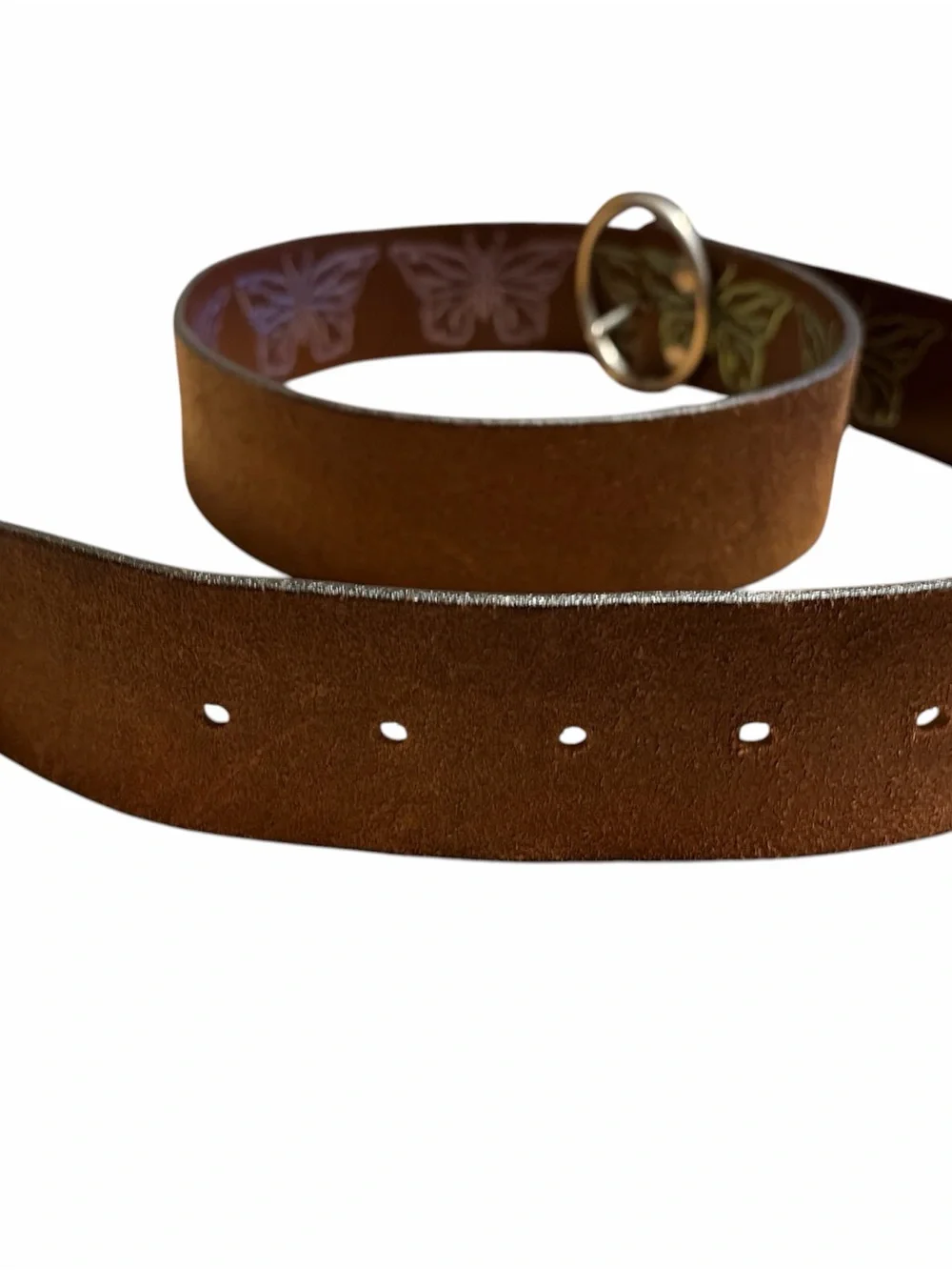 Brown Leather Belt with Iridescent Butterfly Embossing